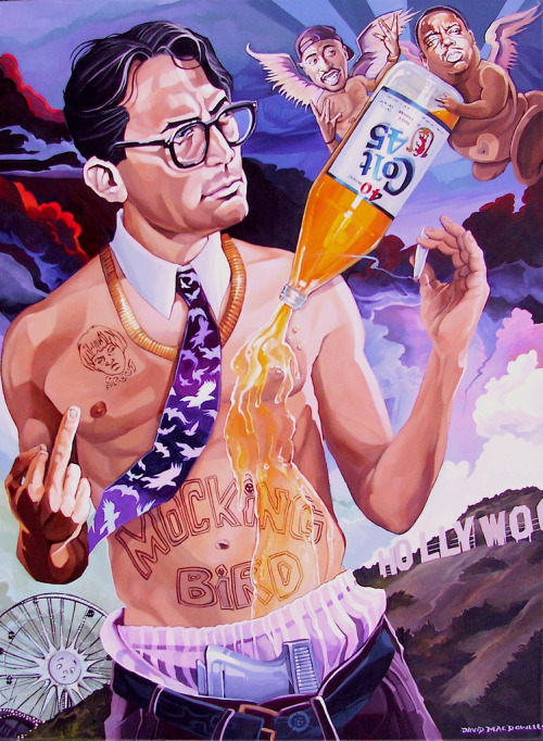 Zoee: The painting is by Dave MacDowell, whose new show “The Sins of Atticus Finch” opened last week at the Thinkspace Gallery in Los Angeles. Show statement: “As a kid, I always loved “To Kill A Mockingbird”, and wished Atticus Finch was my dad. To be guided by such ethical wisdom would have made me a better person, I imagine. But nobody’s perfect, and our imperfections dictate the core of this new series, working on both superficial and deeper levels. On the surface is a colorful, humorous romp where we poke fun at celebrity culture and media. Yet the undercurrent is all about how society is bent on correcting wrongs by repressing everyone. It’s always fun to explore how we’re repressed by our parents, “The Man” and the method’s used to repress ourselves.” 