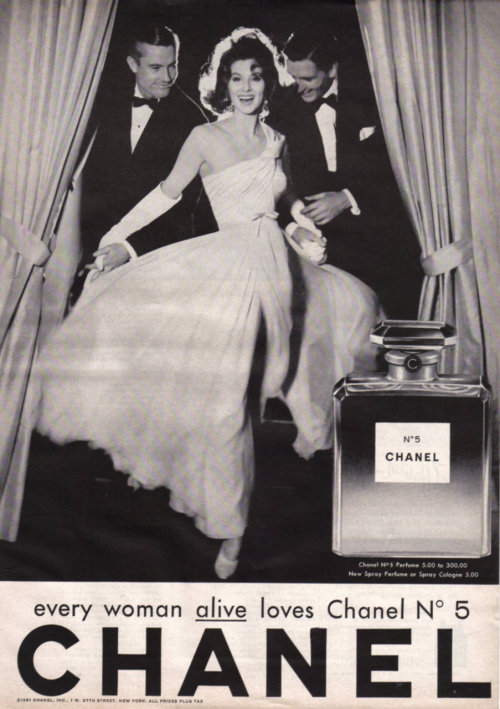 This is a vintage Chanel advertisement for their iconic perfume, Chanel No. 5. I couldn’t find the actual year of publication. The caption reads, “every woman alive loves Chanel No 5”It brings up questions of marketing techniques geared towards women, commercialism, iconicity etc.
KB

http://rdujour.com/2009/02/25/vintage-chanel-ads/