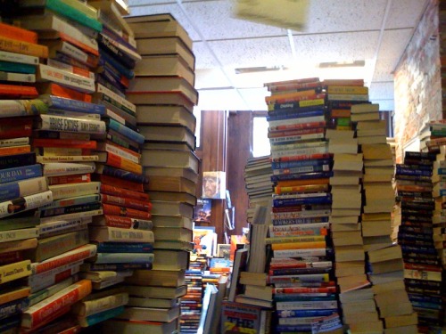 Derby Square Bookstore in Salem. Stacks and stacks of books.