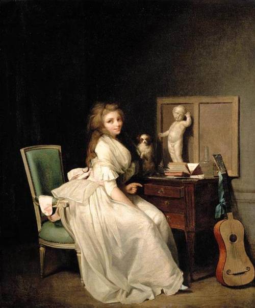 fallingribbons:   A Lady Seated at her Desk by Louis Léopold Boilly.  From the late 1780s onwards, after he had settled in Paris, Boilly painted an increasing number of small scale cabinet paintings that appealed greatly to private collectors. These paintings successfully combined the contemporary appetite for moralising, amorous or sentimental subjects with a meticulous technique reminiscent of the 17th century Dutch painters such as Gerard Terborch. (via)
