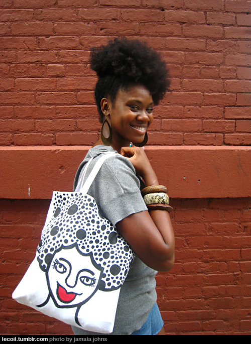 Chanel, a writer, carrying a tote by Amanda Diva. Love this shot.
