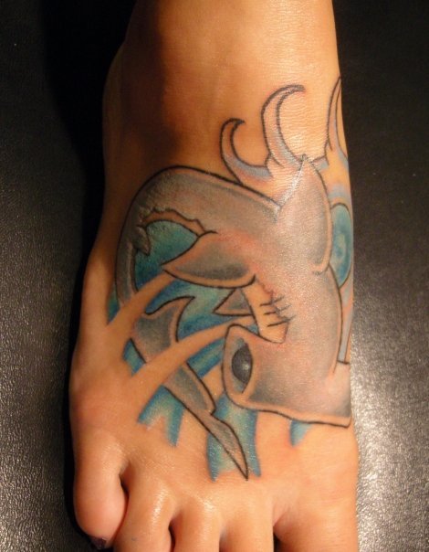 Hammerhead shark on my right foot for Shark Week! Done by Eric Huffman at Studio 33 on St Marks, NYC