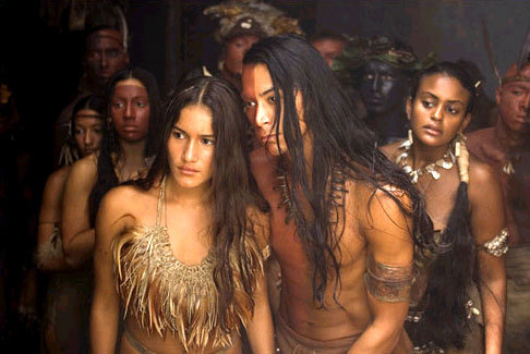 Q'orianka Kilcher as Pocahontas and Kalani Queypo as Parahunt