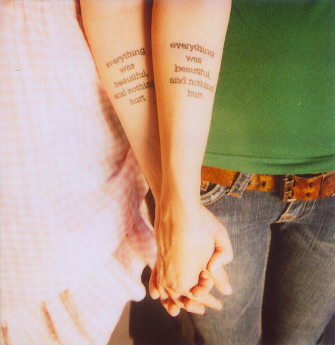 Ariel & Mimi, sisters, matching tattoos, Vonnegut lovers.