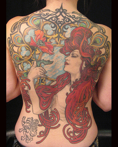 Mucha Inspired Art Nouveau Tattoo done by Teresa Lane, artwork by Alphonse 