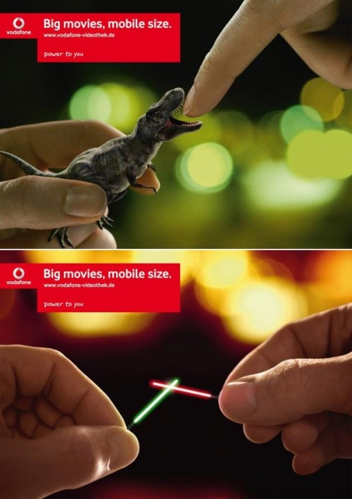 Print Ad Campaign of the Day: Scholz & Friends NRW from Vodafone — “Big movies, mobile size.” Free mini-lightsabers and a baby T. rex? One Vodafone please! [coloribus.]