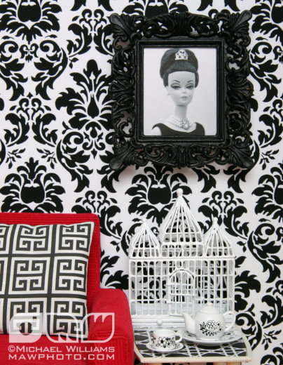 black and white damask wallpaper. lack and white pillow, damask