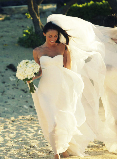 Megan Fox, white dress on wedding day, so much flowy fabric // myblackdress