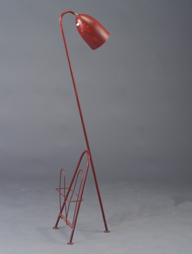 Greta Grossman “Grasshopper” floor lamp in red enamel with pierced dome 