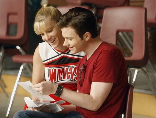 Chris Colfer and Heather Morris behind the scenes of Glee.