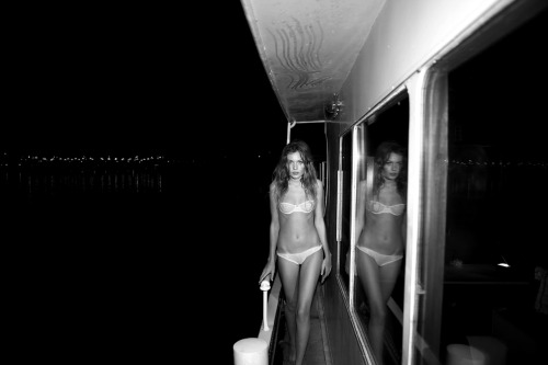 Alice wearing Yasmine Eslami new lingerie collection on a houseboat, Paris. Photo Olivier Zahm