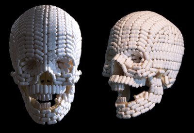 Skull Made Out Of Pills
&#8220;Numbskull&#8221; by Mark Kilner.  Plastic skull covered in 630 &#8220;extra strength&#8221; paracetamol tablets.