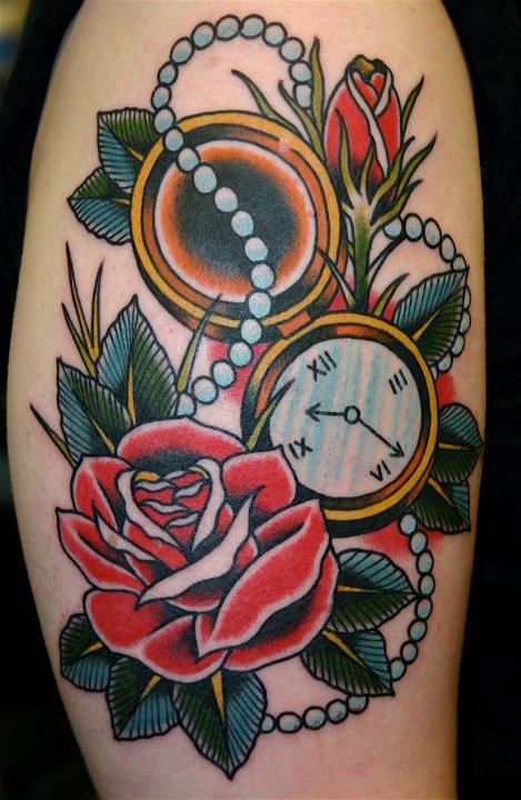 Clock with roses tattoo by steve byrne