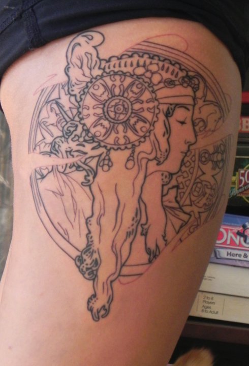 alphonse mucha tattoo. This is my Alphonse Mucha inspired tattoo. Its a combination of my two favoruite prints by him. I#39;m an aspiring printmaker and he has been my inspiration