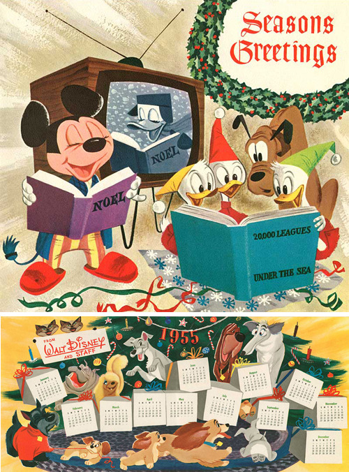 karenh:

a heartwarming round up vintage Disney Christmas greeting cards and new year calendars from the 1930s through 1950s
“…It’s time again to share this batch of wonderful Christmas cards from  the Disney studio collected by Disney animator, Claire Weeks from 1938  through the mid-1950s. The designs on these cards are so much fun, it  makes you wish the films themselves looked this cartoony.” —Animation Archive
(above corresponds with year the feature film Lady and the Tramp was released: 1955)

Happy Christmas Eve, internet! I’m off to watch The Santa Clause and eat some cookies.