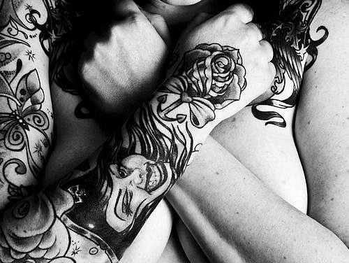 Tagged tattoo girl body boobs sleeve rose face butterfly black and white