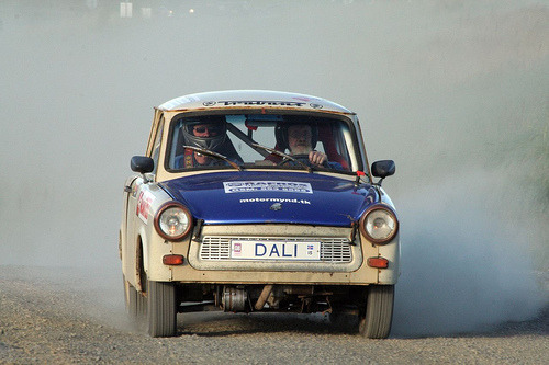 He's been rallying on this old Trabant from East Germany for many years now