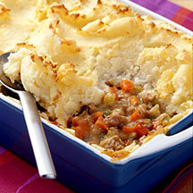 Weight Watcher’s Shepherd’s Pie
 2  large  potatoes, peeled and cut into 2-inch pieces 
1/4 cup  nonfat sour cream 
1  tablespoon  reduced-calorie margarine 
1/8 teaspoon  table salt 
2  teaspoons  olive oil 
1  cup  onion        (chopped) 
2  medium  carrots        (diced) 
2  medium  celery ribs, diced 
1  lb  uncooked     ground turkey breast (or morningstar farms recipe crumbles)
3  tablespoons  all-purpose flour 
1  tablespoon fresh rosemary, chopped or 1  teaspoon  dried rosemary 
1  teaspoon  dried thyme 
1/2 teaspoon  table salt 
1/4 teaspoon  black pepper 
2  cups canned chicken broth or 2  cups  beef broth (or vegetable for vegan)
 Preheat oven to 400ºF.    
Place potatoes in a large saucepan and pour in   enough water  to cover potatoes. Set pan over high heat and bring to a   boil; reduce  heat to medium and simmer 10 minutes, until potatoes are   fork-tender. 
Drain potatoes, transfer to a large bowl and add sour cream   and  margarine; mash until smooth, season to taste with salt and set   aside. 
Meanwhile, heat oil in a large skillet over  medium-high heat. 
 Add  onion, carrots and celery; cook until soft, about 3  minutes. 
Add   turkey and cook until browned, breaking up the meat as it  cooks, about 5   minutes. 
Add flour, rosemary, thyme, salt and pepper;  stir to coat. 
Add broth and bring to a simmer; simmer until mixture  thickens, about 3   minutes. 
Transfer turkey mixture to a 9-inch, deep-dish  pie plate.  Spread  mashed potatoes over top and using the back of a  spoon, make   decorative swirls over the top. 
Bake until potatoes are  golden, about   30 minutes. 
Slice into 6 pieces and serve. 

Six servings, 275 Calories each