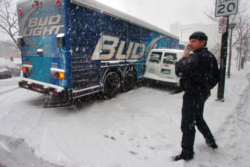Bud Light truck vs. Coors van one of several wrecks as snow snarls Boulder 