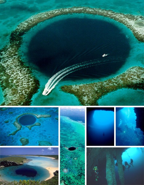 
Blue holesBlue holes are giant and sudden drops in underwater elevationthat get their name from the dark and foreboding blue tone they exhibit when viewed from above in relationship to surrounding waters. They can be hundreds of feet deep and while divers are able to explore some of them they are largely devoid of oxygen that would support sea life due to poor water circulation - leaving them eerily empty. Some blue holes, however, contain ancient fossil remains that have been discovered, preserved in their depths.