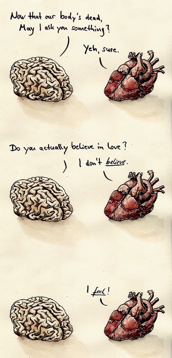 
 
Cérebro: Agora que o nosso corpo está morto. Posso te fazer uma pergunta?
Coração: Claro
Cérebro: Você realmente acredita no amor?
Coração: Eu não acredito. Eu sinto.
