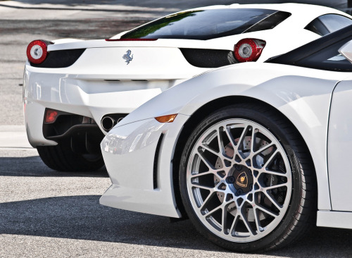 Sexy Italians in white Ferrari 458 Italia and Lamborghini Gallardo LP5604
