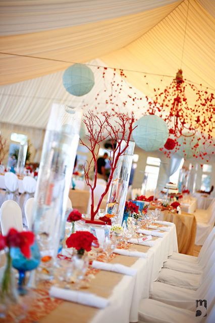Coral turquoise vintage beach wedding via Married beach wedding tables photo