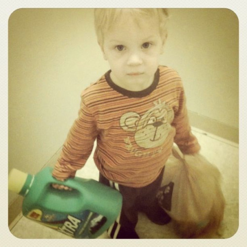 January 31 | A highlight for Simon is to help with taking the trash out. It’s quite the journey down to the dumpsters. You go down four levels and across a wet underground garage. He loves to carry the light stuff and won’t let me help, even if he starts to show signs of distress. ;) He’s so precious and such a good little helper. :)
