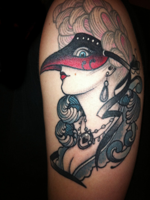 Venezian Plague mask Tattoo done by James Kiley at Brightsidetattoo 
