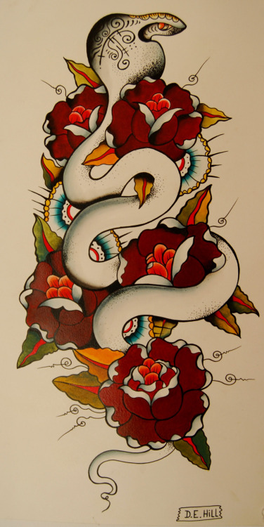 Tags snake flowers roses tattoo flash traditional tattoo flash DEHill 
