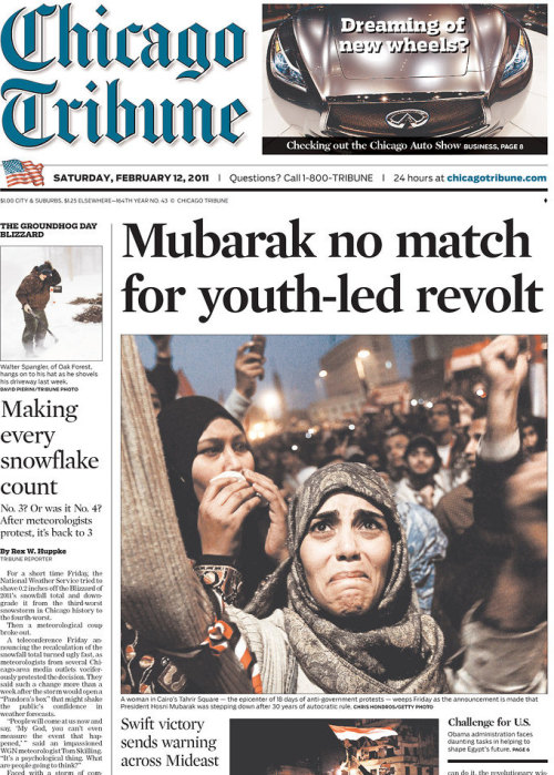 chicago tribune front page. Chicago Tribune - front page : Mubarak no match for youth-led revolution