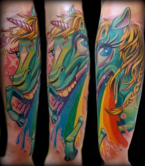 rainbow tattoo. Unicorn puking rainbows tattoo