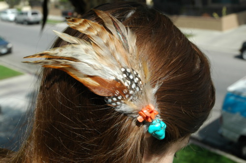 Saddle Rooster and Guinea Feather Hair Clip with Orange Coral and Turquoise