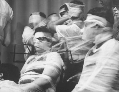 The Bandaged Orchestra during the Fluxus festival, arranged by Yoko Ono at Carnegie Recital Hall in 1965.