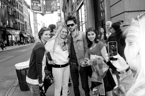 Jared Leto posing with fans on Spring Street.