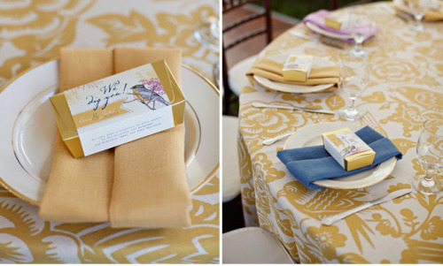 Truffle boxes at a botanical garden wedding wrapped with a sleeve that says