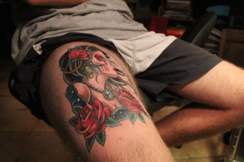 tattoo tattoos tattooed ink inked rose legpiece male thigh