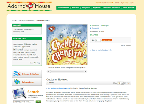 Click on the photo to be redirected to the Adarna site.
Random Fact 01. I’m an Adarna kid.
So when I saw that Adarna was asking for book reviews for their site, I jumped at the opportunity. I’m so glad that Adarna House finally posted this! I sent them my book review of “Chenelyn! Chenelyn!” a few weeks ago, back when I was looking for writing opportunities. In turn, I’ll be receiving two free storybooks of my siblings’ choice soon, “Xilef” and “Si Ching na Takot sa Dilim”. 