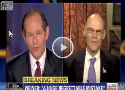 There are NO WORDS. Elliot Spitzer interviews James Carville about Anthony’s Wiener… AND DOESN’T EVEN HAVE THE DECENCY TO BLUSH The words are arrogant entitled chutzpah CNN should be the one ashamed, and Carville probably took unlimited shit at home. I hope you gave him absolute unending sarcasm, Mary