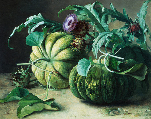 oldpainting:

Carl Vilhelm Balsgaard, A Still Life of Pumpkins and Artichokes, 1832-1893 

