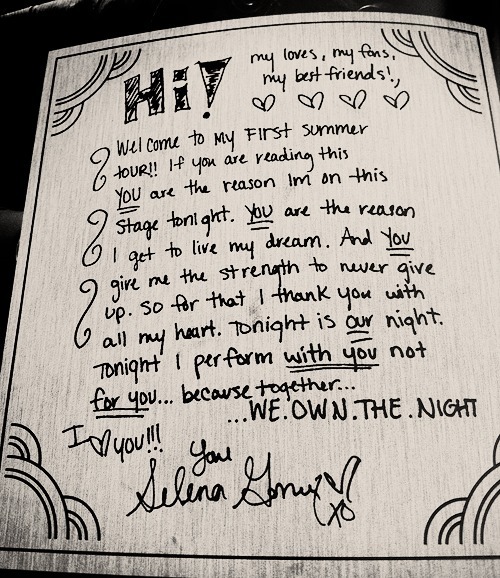  Selena&#8217;s &#8220;We Own The Night&#8221; Tour welcome note. 