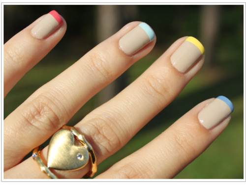 thelooksforless:Manicure Mondays – Multi-Colored Pastel French Tips
