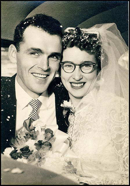 Tags old wedding photos lacy wedding dress veil glasses 1950s wedding 1950s