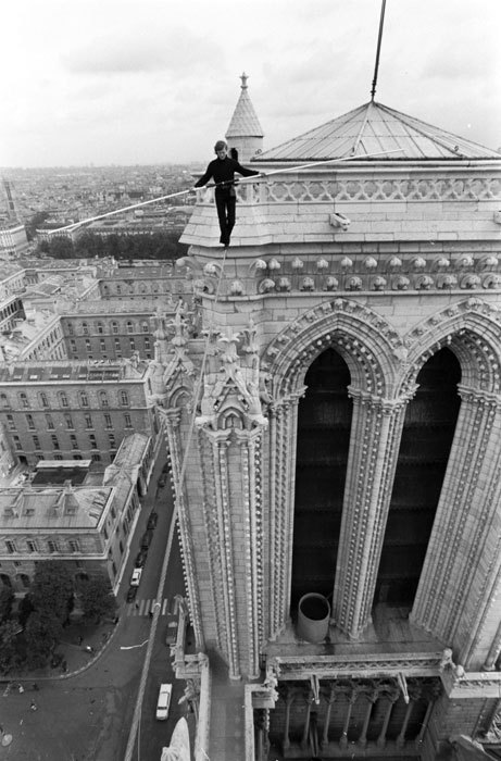 Philippe Petit on the wire NotreDame Cathedral in Paris 1971