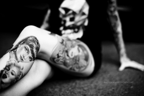  and White ink tattoos legs female portraits marilyn monroe skull