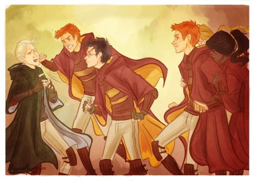 “—we couldn’t fit in useless loser either—for his father, you know—”
Fred and George had realised what Malfoy was talking about. Halfway through shaking Harry’s hand, they stiffened, looking round at Malfoy.
“Leave it!” said Angelina at once, taking Fred by the arm. “Leave it, Fred, let him yell, he’s just sore he lost, the jumped-up little—”
“—but you like the Weasleys, don’t you, Potter?” said Malfoy, sneering. “Spend holidays there and everything, don’t you? Can’t see how you stand the stink, but I suppose when you’ve been dragged up by Muggles, even the Weasleys’ hovel smells OK—”
Harry grabbed hold of George. Meanwhile, it was taking the combined efforts of Angelina, Alicia and Katie to stop Fred leaping on Malfoy, who was laughing openly. Harry looked around for Madam Hooch, but she was still berating Crabbe for his illegal Bludger attack.
“Or perhaps,” said Malfoy, leering as he backed away, “you can remember what your mother’s house stank like, Potter, and Weasleys’ pigsty reminds you of it—”
Harry was not aware of releasing George, all he knew was that a second later both of them were sprinting towards Malfoy. He had completely forgotten that all the teachers were watching: all he wanted to do was cause Malfoy as much pain as possible; with no time to draw out his wand, he merely drew back the fist clutching the Snitch and sank it as hard as he could into Malfoy’s stomach— 
