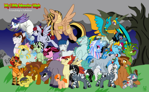 natsukipostthings:  Okay so this probably isn’t QUITE done yet, I wanted to make and  add Gory and Bram Devein somewhere since I added Romulus and Dougie, but  my sister felt that I was making things crowded as is-so here’s a huge,  wallpaper-sized Monster High/MLP crossover for you guys to use as a  background or desktop wallpaper-you will notice some ponified MH  characters that I haven’t posted individually yet-don’t worry, I will,  but until then-enjoy C: 