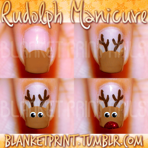 blanketprint: Colors: A-Taupe The Space Needle (OPI), Get In The Expresso Lane (OPI), Superstar! (Pure Ice), Black Lingerie (Revlon), Chancer (Butter London) Several of you have written in to ask for a basic reindeer nail art tutorial, so here it is! :) Start by painting a half circle in light brown on your nail. Use a dotting tool or thin paintbrush to add ears in the same color to the top of this half circle. Your reindeer’s antlers will go in-between the ears, so make sure the ears are painted far apart. While the light brown is drying, use a thin paintbrush to paint in some dark brown antlers in-between the reindeer’s ears. Start by painting two long lines sticking out of its head, and then add in shorter lines to complete the antlers. If your paintbrush is thin enough, feel free to add more details to the antlers. By now, the light brown should be dry, so it’s time to paint on the reindeer’s eyes! Start by using a large dotting tool to place two white dots where the eyes should be. Once those are completely dry, use a smaller dotting tool to place two smaller black dots within the initial white dots. And when those are dry, use a toothpick to add in two white dots as highlights in the reindeer’s eyes. Make absolutely certain you wait for each layer of dots to dry. Your impatience might cause you to have to start all over again! Lastly, use a glittery red nail polish to paint in Rudolph’s red nose. If you want to paint reindeer on all your nails, try painting only one reindeer’s nose red (Rudolph!), and the rest black. This reindeer design is also a great accent for a taupe or nude manicure for the holidays. Once everything is dry, don’t forget to seal in your design with your favorite top coat. Enjoy! :)