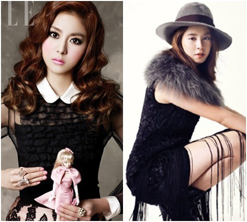 Barbie Doll is a common nickname for beautiful female stars, a small face, clear skin and round eyes have been features attributed to becoming a beautiful doll. In recent pictorials emerges both mainstream hot idol UEE (23) and newly in the spotlight JiHyo (30).  Uee, a member of girl group After School and recently starring in KBS2 “Ohjakgyo Brothers” is displaying newer levels of being a performer. Gaining popularity for being youthful and attractive, which is shown through Uee’s busy schedule this year. A long with the beautiful face, small slender arms and legs, she shines with a S line many woman envy over. Even through her busy schedule, this pictorial exposes the beauty of UEE Barbie, that utilizes intense makeup to emphasize the beautiful visage. As shown she is wearing a black sheer blouse that reveals a perfect s-line completing the image with a terminator barbie doll  Striking actress Song JiHyo, who appears on the small screen and through SBS “Running Man” her fixed appearance has gained much popularity. With her natural down to earth beauty and her might that suppresses male members have all been factors of the ‘rediscovery of Song JiHyo’ Song Jihyo here displays a ‘vanishing bottom’ look, wearing a sexy and cute image she works with 5 korean designers. her builtin loveliness attracts a compelling look. ——- Article I found.. source  roughly translated by me ^^ So who do you think suits the barbie doll image more? Uee or JiHyo? 