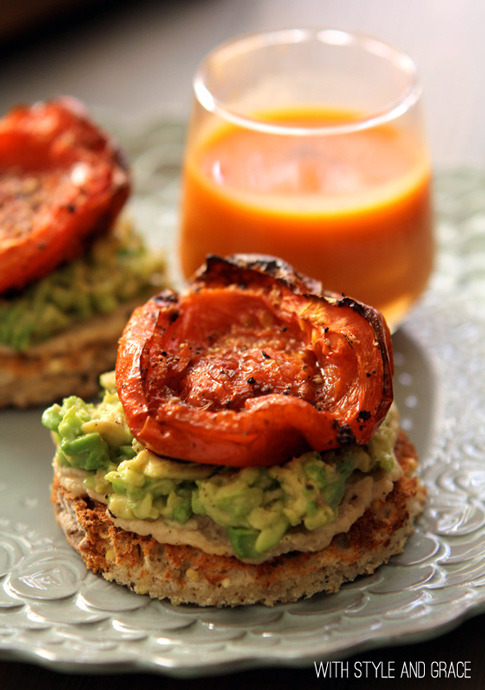 gastrogirl:

hummus and avocado toast with roasted tomato.
